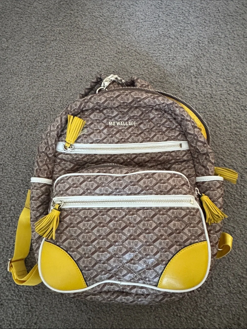 MZ Wallace Brown Mini Quilted Backpack with Yellow Accents